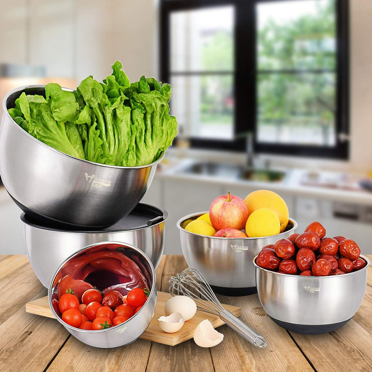 Mixing Bowls with Airtight Lids Set, 5PCS Stainless Steel Khaki Nesting Bowls for Kitchen, with Grater Attachments & Non-Slip Bottoms, Size 5, 3, 2, 1.5, 0.63 QT, Great for Mixing & Serving