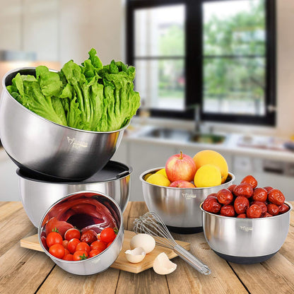 Mixing Bowls with Airtight Lids Set, 5PCS Stainless Steel Khaki Nesting Bowls for Kitchen, with Grater Attachments & Non-Slip Bottoms, Size 5, 3, 2, 1.5, 0.63 QT, Great for Mixing & Serving