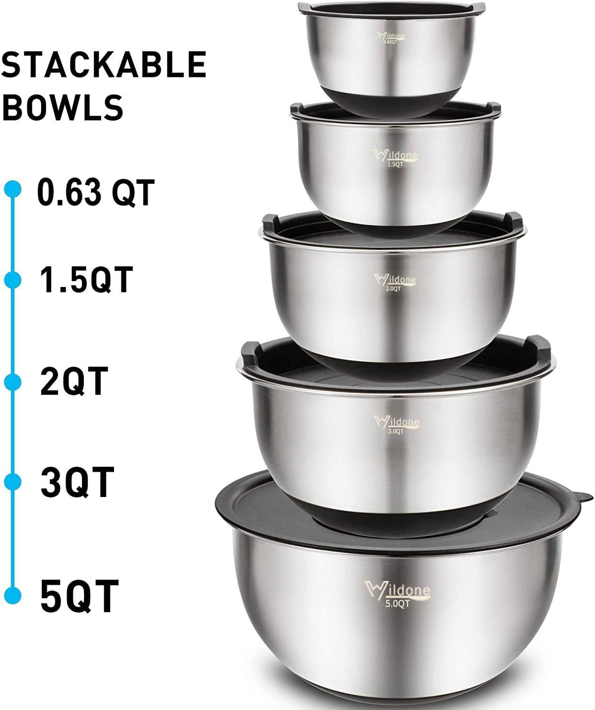 Mixing Bowls with Airtight Lids Set, 5PCS Stainless Steel Khaki Nesting Bowls for Kitchen, with Grater Attachments & Non-Slip Bottoms, Size 5, 3, 2, 1.5, 0.63 QT, Great for Mixing & Serving