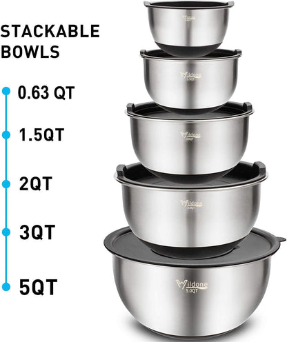 Mixing Bowls with Airtight Lids Set, 5PCS Stainless Steel Khaki Nesting Bowls for Kitchen, with Grater Attachments & Non-Slip Bottoms, Size 5, 3, 2, 1.5, 0.63 QT, Great for Mixing & Serving