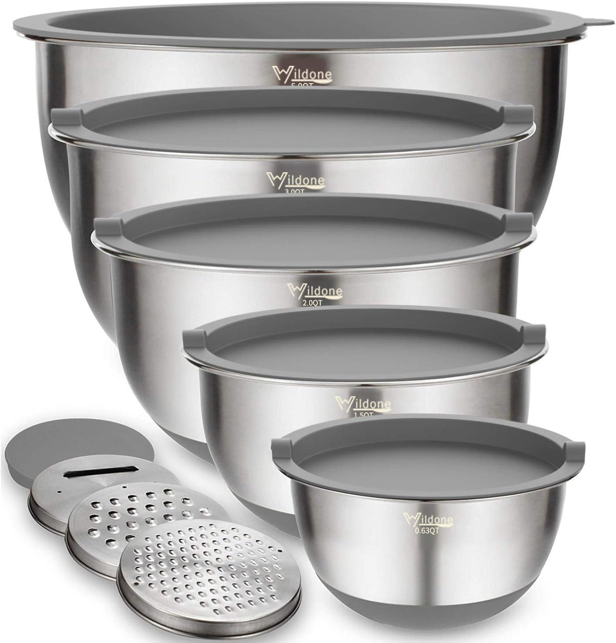 Mixing Bowls with Airtight Lids Set, 5PCS Stainless Steel Khaki Nesting Bowls for Kitchen, with Grater Attachments & Non-Slip Bottoms, Size 5, 3, 2, 1.5, 0.63 QT, Great for Mixing & Serving