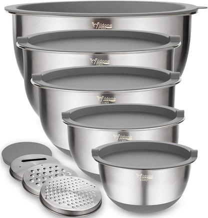 Mixing Bowls with Airtight Lids Set, 5PCS Stainless Steel Khaki Nesting Bowls for Kitchen, with Grater Attachments & Non-Slip Bottoms, Size 5, 3, 2, 1.5, 0.63 QT, Great for Mixing & Serving