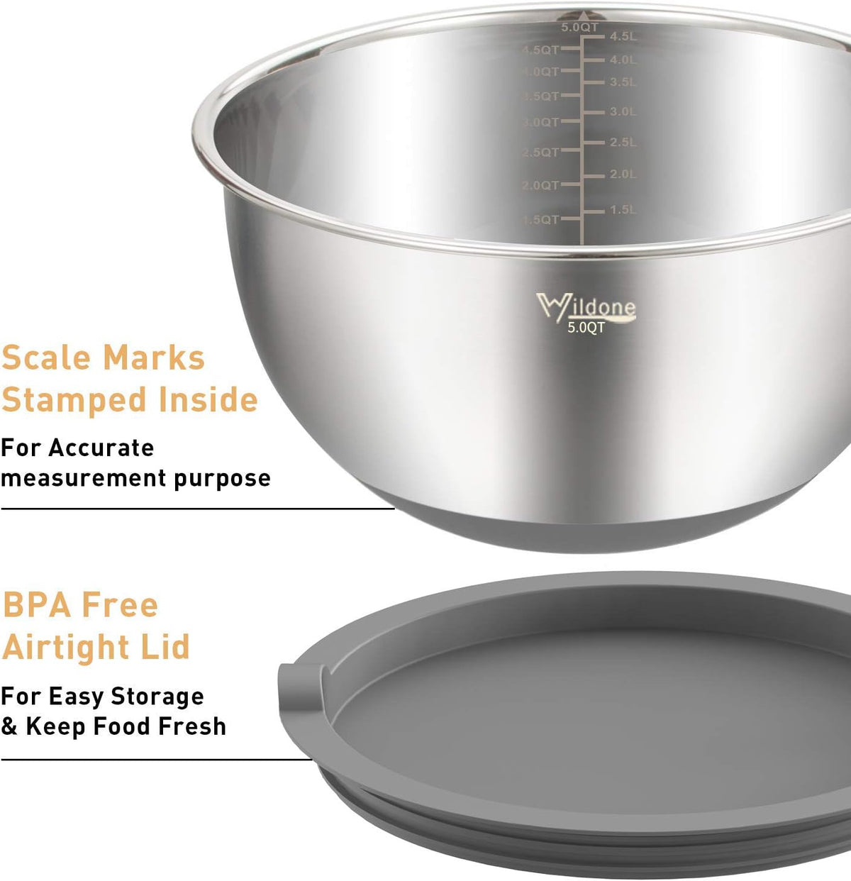 Mixing Bowls with Airtight Lids Set, 5PCS Stainless Steel Khaki Nesting Bowls for Kitchen, with Grater Attachments & Non-Slip Bottoms, Size 5, 3, 2, 1.5, 0.63 QT, Great for Mixing & Serving