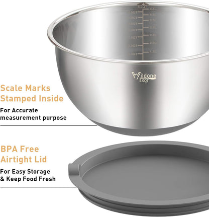 Mixing Bowls with Airtight Lids Set, 5PCS Stainless Steel Khaki Nesting Bowls for Kitchen, with Grater Attachments & Non-Slip Bottoms, Size 5, 3, 2, 1.5, 0.63 QT, Great for Mixing & Serving