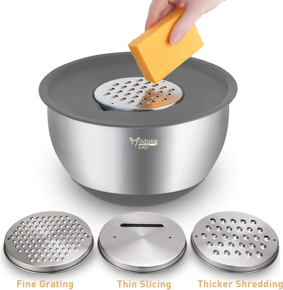 Mixing Bowls with Airtight Lids Set, 5PCS Stainless Steel Khaki Nesting Bowls for Kitchen, with Grater Attachments & Non-Slip Bottoms, Size 5, 3, 2, 1.5, 0.63 QT, Great for Mixing & Serving