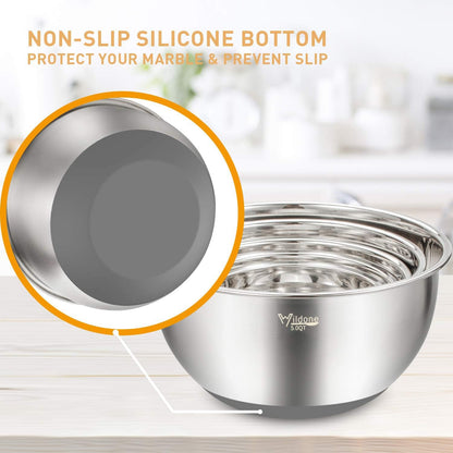 Mixing Bowls with Airtight Lids Set, 5PCS Stainless Steel Khaki Nesting Bowls for Kitchen, with Grater Attachments & Non-Slip Bottoms, Size 5, 3, 2, 1.5, 0.63 QT, Great for Mixing & Serving