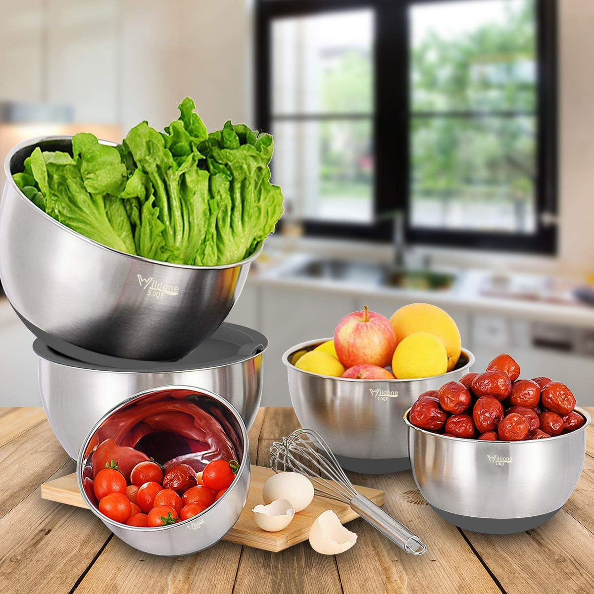 Mixing Bowls with Airtight Lids Set, 5PCS Stainless Steel Khaki Nesting Bowls for Kitchen, with Grater Attachments & Non-Slip Bottoms, Size 5, 3, 2, 1.5, 0.63 QT, Great for Mixing & Serving
