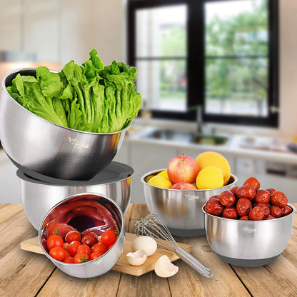 Mixing Bowls with Airtight Lids Set, 5PCS Stainless Steel Khaki Nesting Bowls for Kitchen, with Grater Attachments & Non-Slip Bottoms, Size 5, 3, 2, 1.5, 0.63 QT, Great for Mixing & Serving
