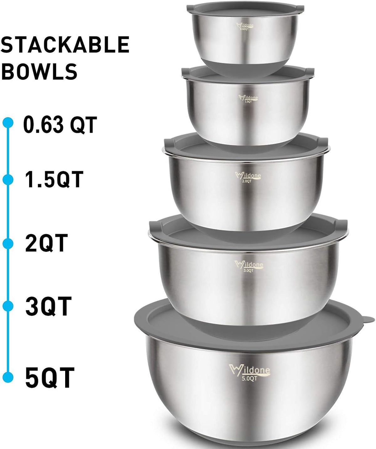 Mixing Bowls with Airtight Lids Set, 5PCS Stainless Steel Khaki Nesting Bowls for Kitchen, with Grater Attachments & Non-Slip Bottoms, Size 5, 3, 2, 1.5, 0.63 QT, Great for Mixing & Serving