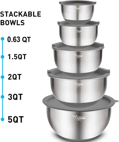 Mixing Bowls with Airtight Lids Set, 5PCS Stainless Steel Khaki Nesting Bowls for Kitchen, with Grater Attachments & Non-Slip Bottoms, Size 5, 3, 2, 1.5, 0.63 QT, Great for Mixing & Serving