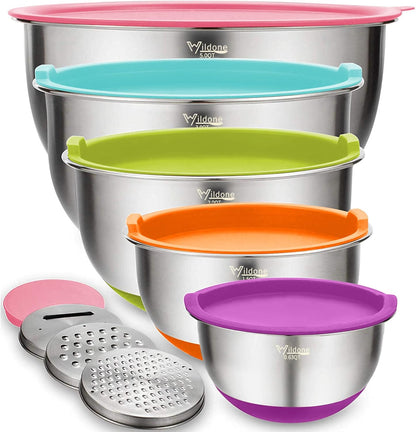 Mixing Bowls with Airtight Lids Set, 5PCS Stainless Steel Khaki Nesting Bowls for Kitchen, with Grater Attachments & Non-Slip Bottoms, Size 5, 3, 2, 1.5, 0.63 QT, Great for Mixing & Serving