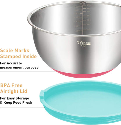 Mixing Bowls with Airtight Lids Set, 5PCS Stainless Steel Khaki Nesting Bowls for Kitchen, with Grater Attachments & Non-Slip Bottoms, Size 5, 3, 2, 1.5, 0.63 QT, Great for Mixing & Serving
