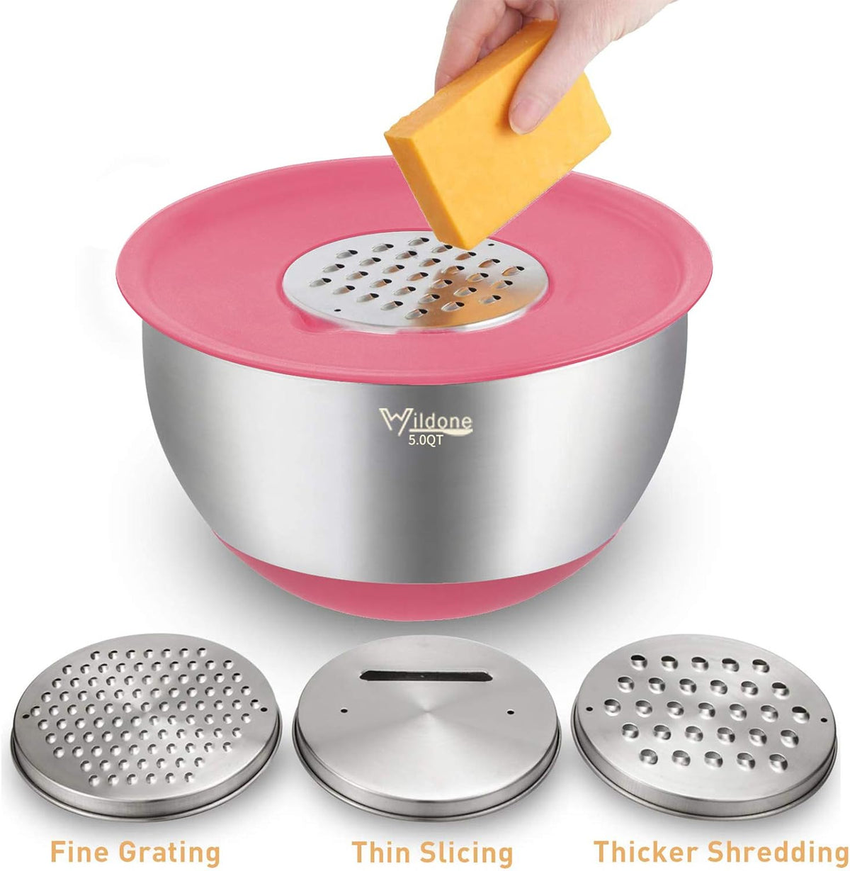 Mixing Bowls with Airtight Lids Set, 5PCS Stainless Steel Khaki Nesting Bowls for Kitchen, with Grater Attachments & Non-Slip Bottoms, Size 5, 3, 2, 1.5, 0.63 QT, Great for Mixing & Serving