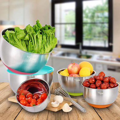 Mixing Bowls with Airtight Lids Set, 5PCS Stainless Steel Khaki Nesting Bowls for Kitchen, with Grater Attachments & Non-Slip Bottoms, Size 5, 3, 2, 1.5, 0.63 QT, Great for Mixing & Serving