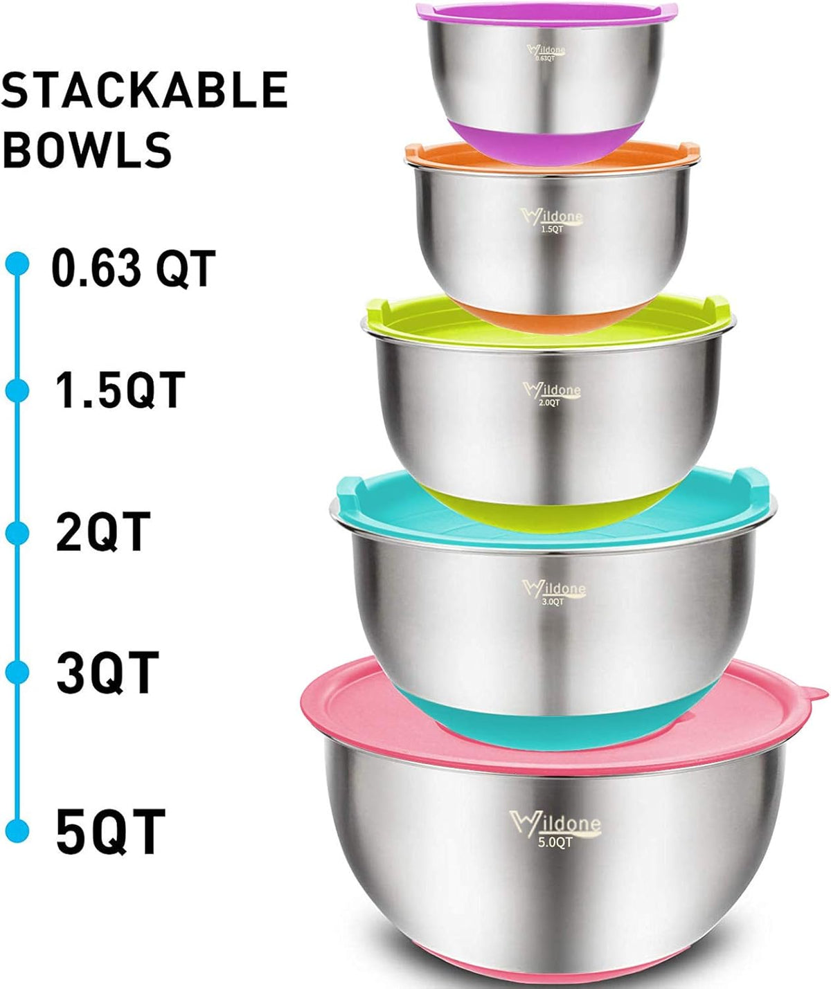 Mixing Bowls with Airtight Lids Set, 5PCS Stainless Steel Khaki Nesting Bowls for Kitchen, with Grater Attachments & Non-Slip Bottoms, Size 5, 3, 2, 1.5, 0.63 QT, Great for Mixing & Serving