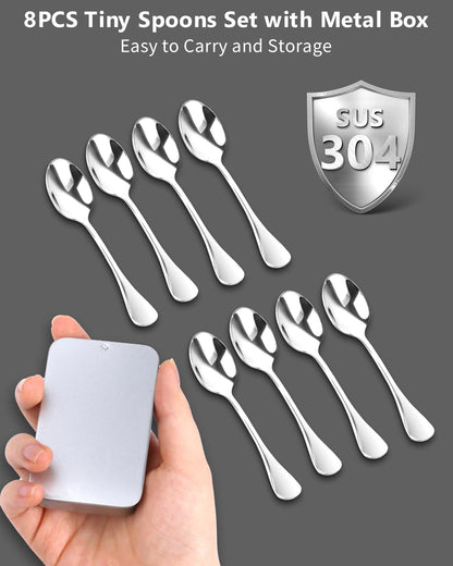 8PCS Mini Stainless Steel Spoons (Upgraded Larger Size 3.54 inch) - Small Salt Spoons SUS 304 Food Grade Mini Seasoning Spoon for Powder Spices Jars, Pepper, Sugar, Honey