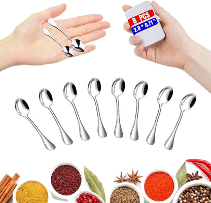 8PCS Mini Stainless Steel Spoons (Upgraded Larger Size 3.54 inch) - Small Salt Spoons SUS 304 Food Grade Mini Seasoning Spoon for Powder Spices Jars, Pepper, Sugar, Honey