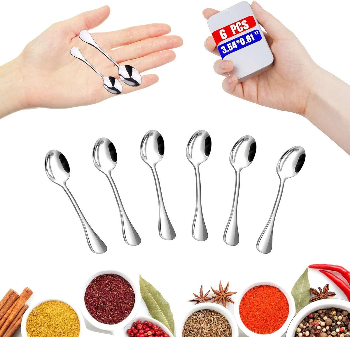 8PCS Mini Stainless Steel Spoons (Upgraded Larger Size 3.54 inch) - Small Salt Spoons SUS 304 Food Grade Mini Seasoning Spoon for Powder Spices Jars, Pepper, Sugar, Honey