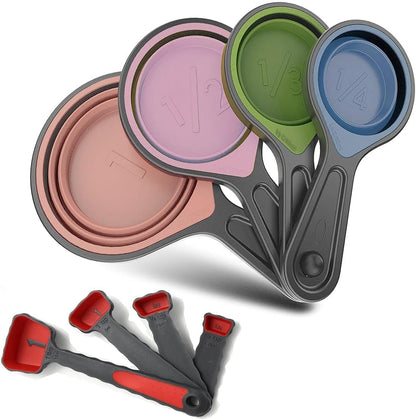 Collapsible Silicone Soft Measuring Cups and Measuring Spoons,8 pieces Portable Food Grade Silicone Measurement Cup for Liquid & Dry Measuring Baking &Utensils & Travel Measuring Cup，space saver
