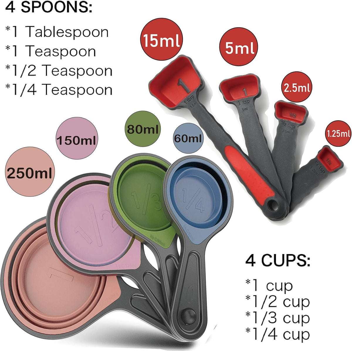 Collapsible Silicone Soft Measuring Cups and Measuring Spoons,8 pieces Portable Food Grade Silicone Measurement Cup for Liquid & Dry Measuring Baking &Utensils & Travel Measuring Cup，space saver