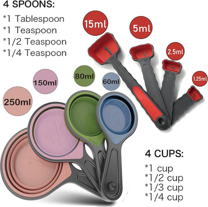 Collapsible Silicone Soft Measuring Cups and Measuring Spoons,8 pieces Portable Food Grade Silicone Measurement Cup for Liquid & Dry Measuring Baking &Utensils & Travel Measuring Cup，space saver