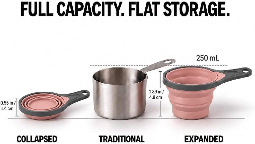 Collapsible Silicone Soft Measuring Cups and Measuring Spoons,8 pieces Portable Food Grade Silicone Measurement Cup for Liquid & Dry Measuring Baking &Utensils & Travel Measuring Cup，space saver