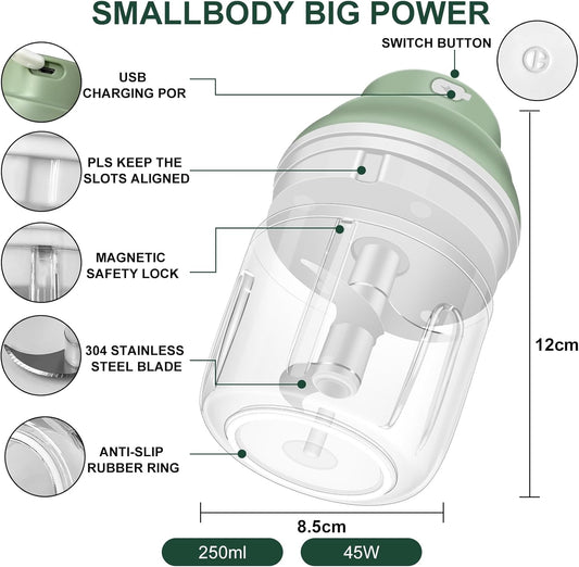Electric Garlic Chopper, 250ML Garlic Mincer with Egg Beater | Mini Portable Vegetable Chopper, Onion Grinder Masher, USB Small Food Processor for Veggie, Garlic, Ginger, Chili(Green)