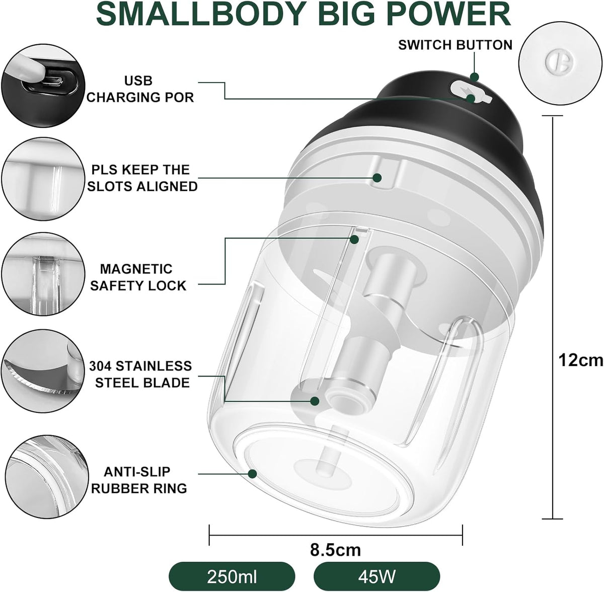 Electric Garlic Chopper, 250ML Garlic Mincer with Egg Beater | Mini Portable Vegetable Chopper, Onion Grinder Masher, USB Small Food Processor for Veggie, Garlic, Ginger, Chili(Green)