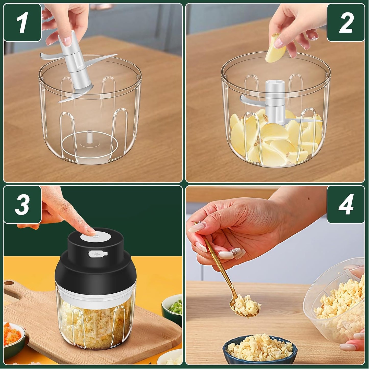 Electric Garlic Chopper, 250ML Garlic Mincer with Egg Beater | Mini Portable Vegetable Chopper, Onion Grinder Masher, USB Small Food Processor for Veggie, Garlic, Ginger, Chili(Green)