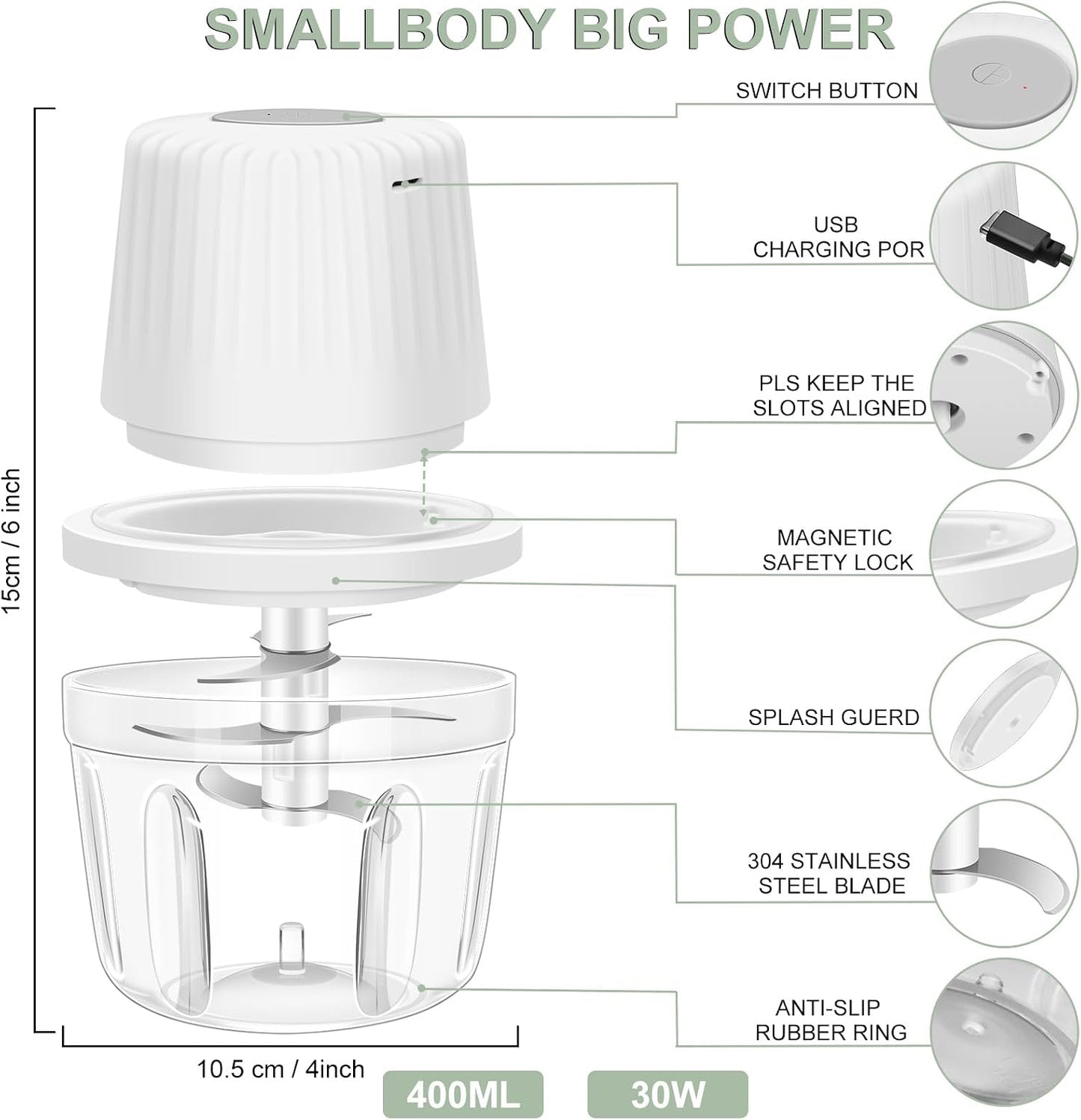Electric Garlic Chopper, 250ML Garlic Mincer with Egg Beater | Mini Portable Vegetable Chopper, Onion Grinder Masher, USB Small Food Processor for Veggie, Garlic, Ginger, Chili(Green)