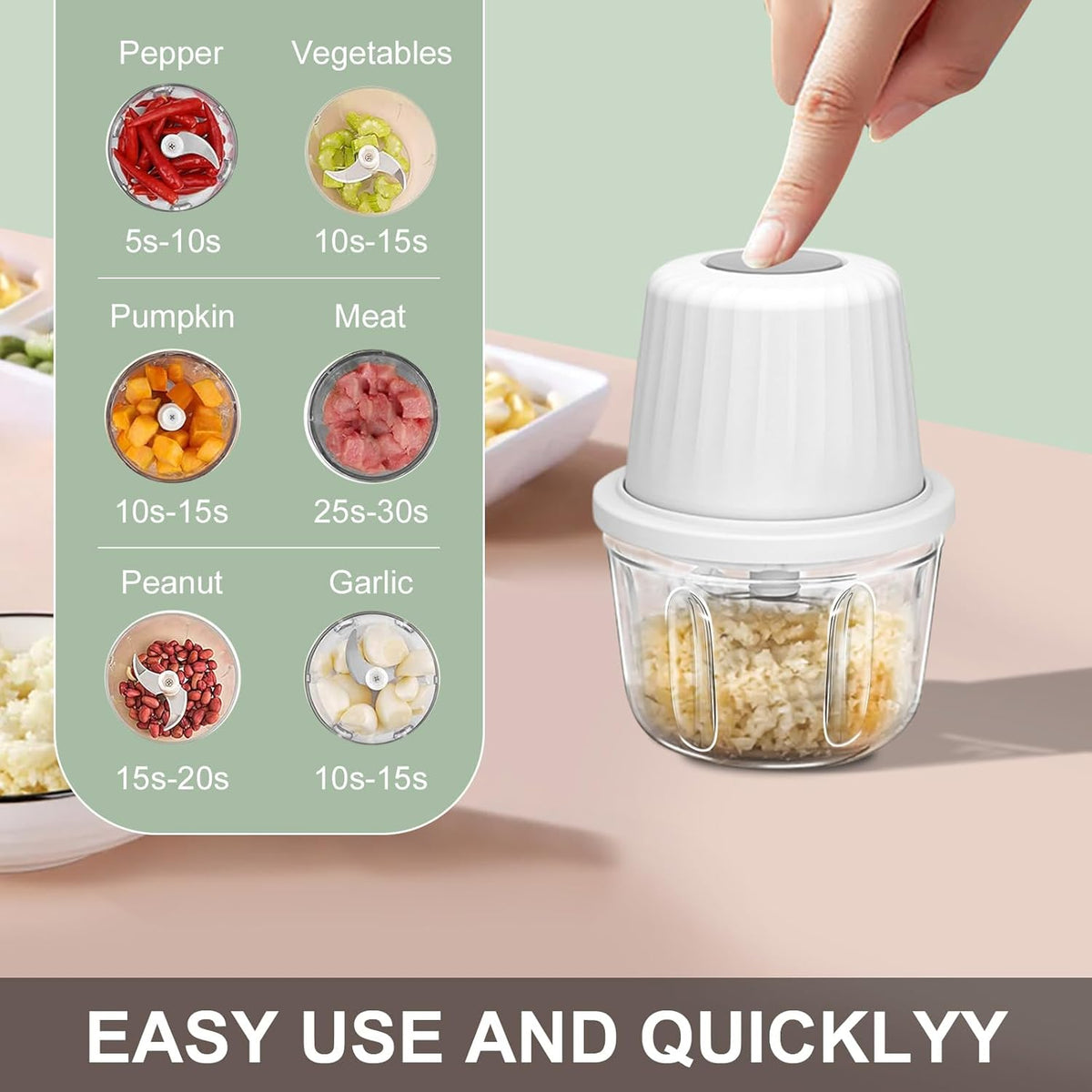 Electric Garlic Chopper, 250ML Garlic Mincer with Egg Beater | Mini Portable Vegetable Chopper, Onion Grinder Masher, USB Small Food Processor for Veggie, Garlic, Ginger, Chili(Green)