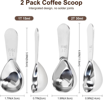 2Pcs Coffee Scoops, Premium 18/8 Stainless Steel Coffee Spoons, Set of 2 Short Handled (1 Tablespoon & 2 Tablespoon) Coffee Measuring Spoon for Ground Coffee, Tea and Powder