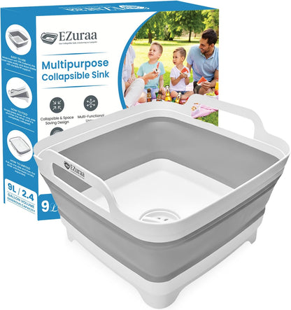 2.4 gal(9L) Gray Collapsible Dish Basin, Portable Sink or Dish Pan for Kitchen Sink with Drain Plug/Strainer, Space Saving Baby Bottle Wash Basin Collapsible Bucket, Beverage Tub for Camping
