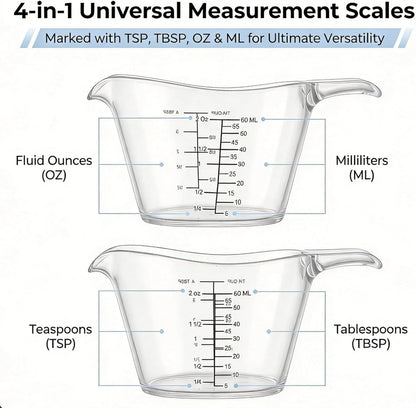 2-Pack Small Measuring Cups, 2 oz/60 ml Mini Measuring Cups, with Small Spoon/Large Spoon/Ounce/Milliliter Markings, Transparent 2 oz Cups, For Kitchen and Laundry