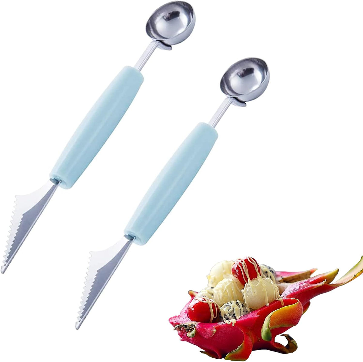 Melon Baller, 2Pcs Double-Headed Fruit Carving Cutter Knife Cookie Scoop Fruit Decoration Tool Stainless Steel DIY Cutting Scooping Round Melon Scoop for Watermelon,Cantaloupe,Fruits,Sorbet,Ice Cream