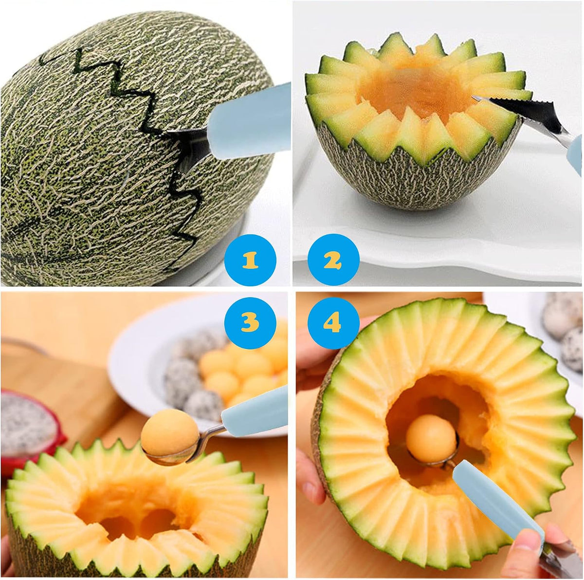 Melon Baller, 2Pcs Double-Headed Fruit Carving Cutter Knife Cookie Scoop Fruit Decoration Tool Stainless Steel DIY Cutting Scooping Round Melon Scoop for Watermelon,Cantaloupe,Fruits,Sorbet,Ice Cream