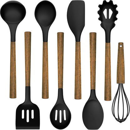 Silicone Cooking Utensil Set, 8-Piece Kitchen Utensils Set with Natural Acacia Wooden Handles,Food-Grade-Silicone Kitchen Gadgets Spatulas Set for Nonstick Cookware- Black