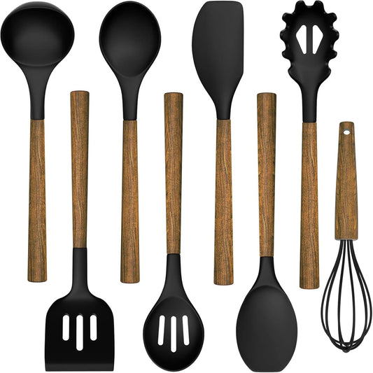 Silicone Cooking Utensil Set, 8-Piece Kitchen Utensils Set with Natural Acacia Wooden Handles,Food-Grade-Silicone Kitchen Gadgets Spatulas Set for Nonstick Cookware- Black