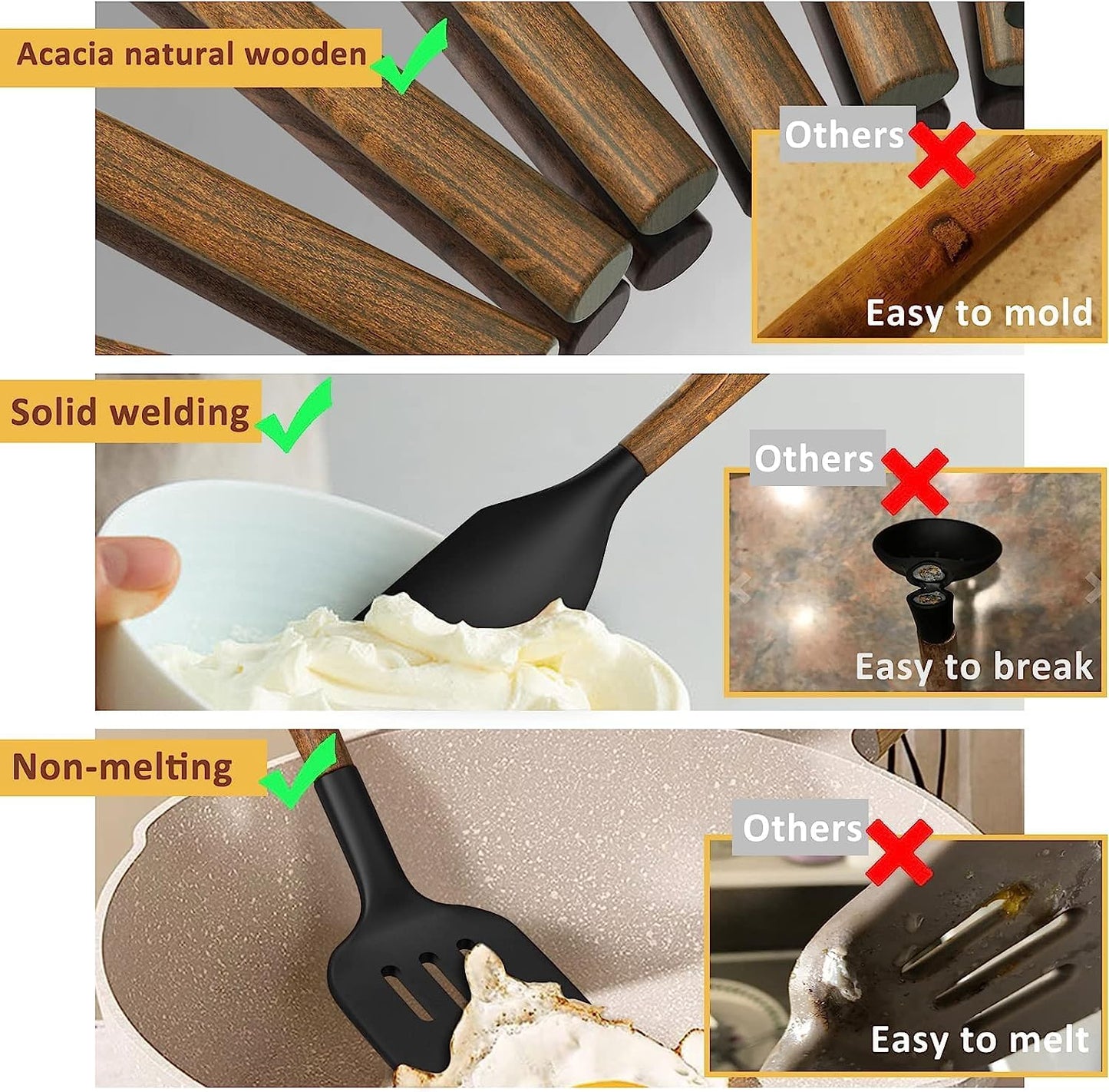 Silicone Cooking Utensil Set, 8-Piece Kitchen Utensils Set with Natural Acacia Wooden Handles,Food-Grade-Silicone Kitchen Gadgets Spatulas Set for Nonstick Cookware- Black