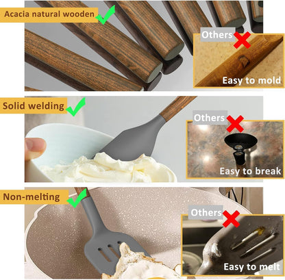 Silicone Cooking Utensil Set, 8-Piece Kitchen Utensils Set with Natural Acacia Wooden Handles,Food-Grade-Silicone Kitchen Gadgets Spatulas Set for Nonstick Cookware- Black