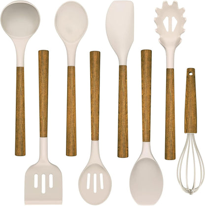 Silicone Cooking Utensil Set, 8-Piece Kitchen Utensils Set with Natural Acacia Wooden Handles,Food-Grade-Silicone Kitchen Gadgets Spatulas Set for Nonstick Cookware- Black
