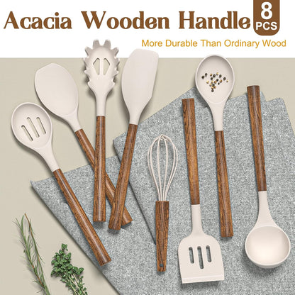 Silicone Cooking Utensil Set, 8-Piece Kitchen Utensils Set with Natural Acacia Wooden Handles,Food-Grade-Silicone Kitchen Gadgets Spatulas Set for Nonstick Cookware- Black