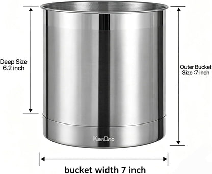 7" Wide Large Utensil Holder Stainless Steel, 6.2" Deep | Jumbo 7.0" H 7.0" W, Doubled Heavy Base for Stable
