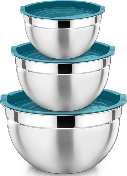 Stainless Steel Mixing Bowls with Lids, Set of 3, Blue | Nesting Salad Bowl, Sturdy& Rust Proof, Airtight & Stackable, Suit for Mixing, Storing, Prepping, 3 Size - 4.6/3 /1.5 QT