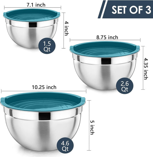 Stainless Steel Mixing Bowls with Lids, Set of 3, Blue | Nesting Salad Bowl, Sturdy& Rust Proof, Airtight & Stackable, Suit for Mixing, Storing, Prepping, 3 Size - 4.6/3 /1.5 QT