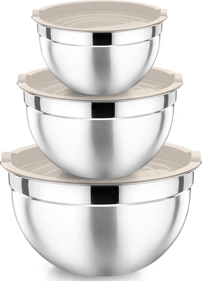 Stainless Steel Mixing Bowls with Lids, Set of 3, Blue | Nesting Salad Bowl, Sturdy& Rust Proof, Airtight & Stackable, Suit for Mixing, Storing, Prepping, 3 Size - 4.6/3 /1.5 QT