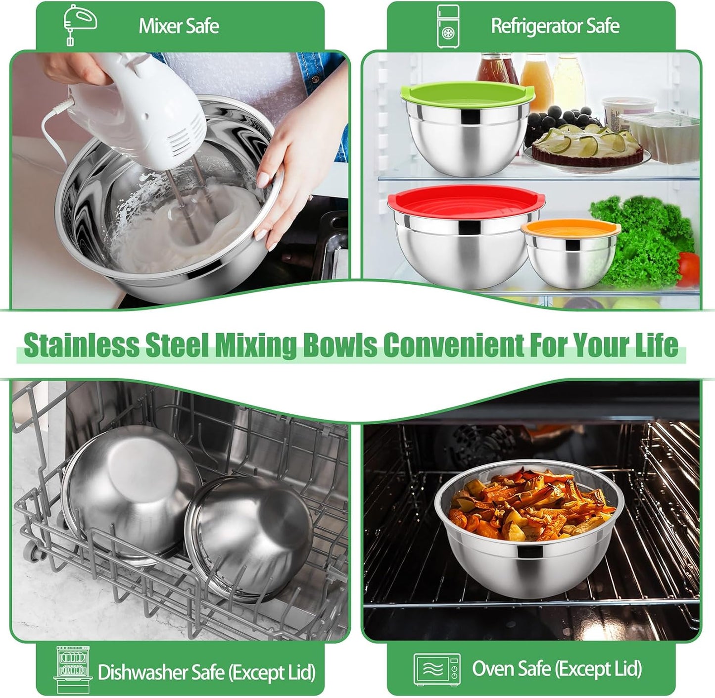 Stainless Steel Mixing Bowls with Lids, Set of 3, Blue | Nesting Salad Bowl, Sturdy& Rust Proof, Airtight & Stackable, Suit for Mixing, Storing, Prepping, 3 Size - 4.6/3 /1.5 QT