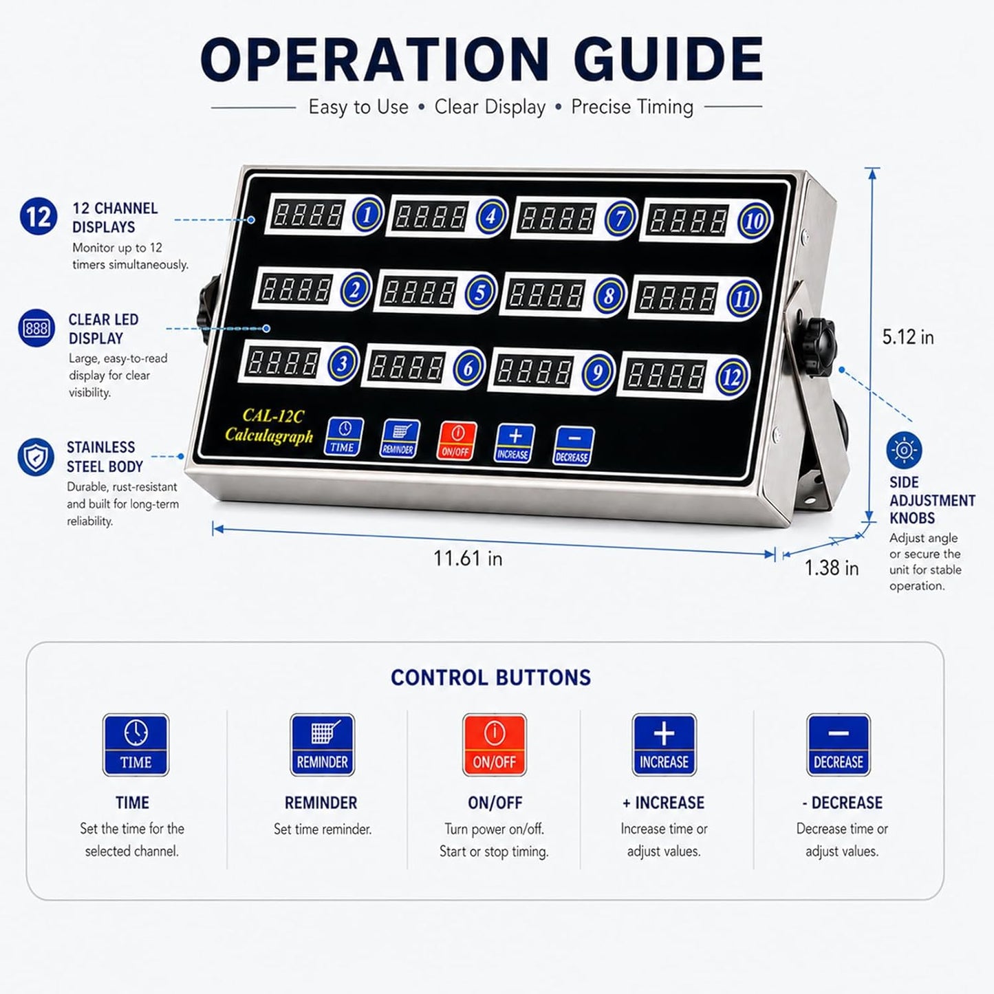 Commercial 8 Channels Digital Kitchen Timer, Stainless Steel Calculagraph Timer with Loud Alarm for Restaurant, Clock Reminder on Multiple Events