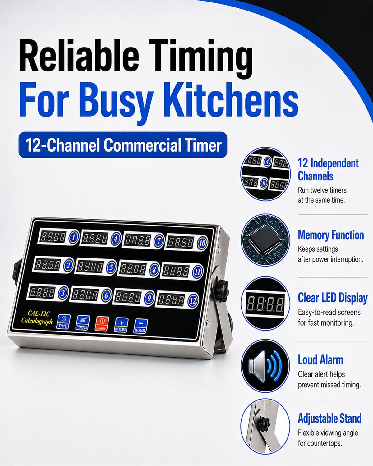 Commercial 8 Channels Digital Kitchen Timer, Stainless Steel Calculagraph Timer with Loud Alarm for Restaurant, Clock Reminder on Multiple Events