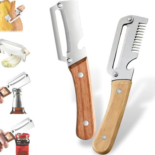 Multifunctional Vegetable Peeler With Wooden Handle, 3 In 1 Stainless Steel Sharp Knife For Fruit And Hard Skinned Produce, Kitchen Tool With Bottle Opener (2pcs)